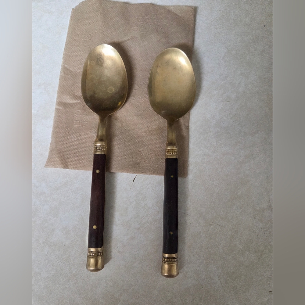 Vintage Mid Century MCM Thai Bronze & Rosewood Spoons - Set of 2